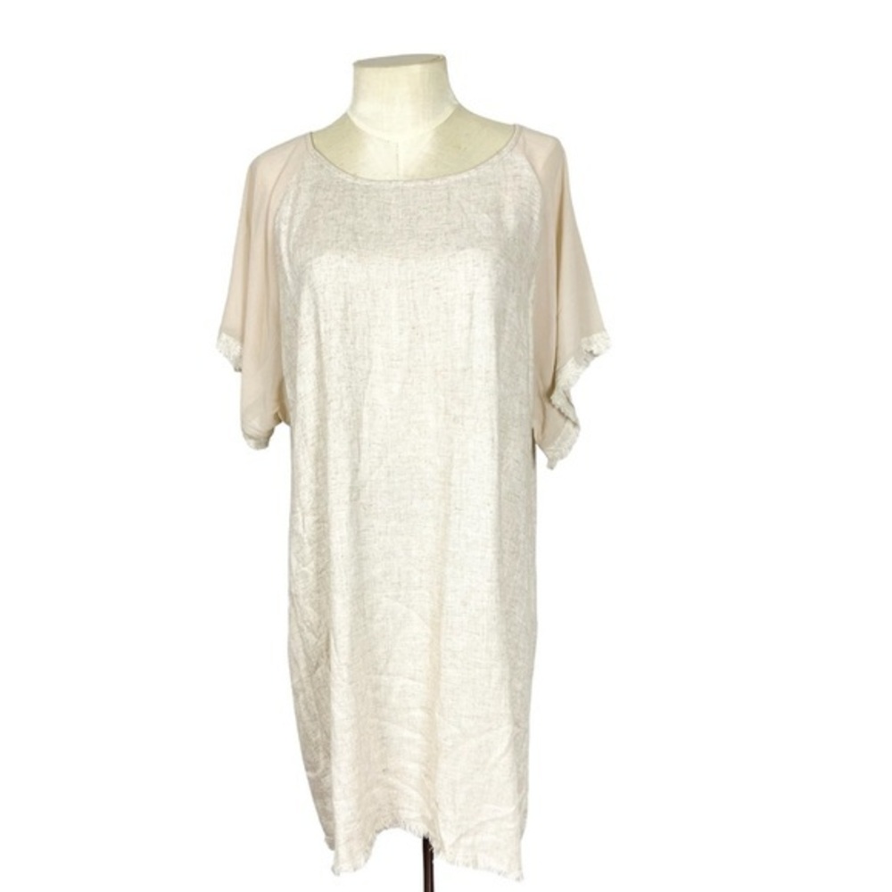 Umgee linen blend dress size M oatmeal Sheer sleeves pockets fringe hem